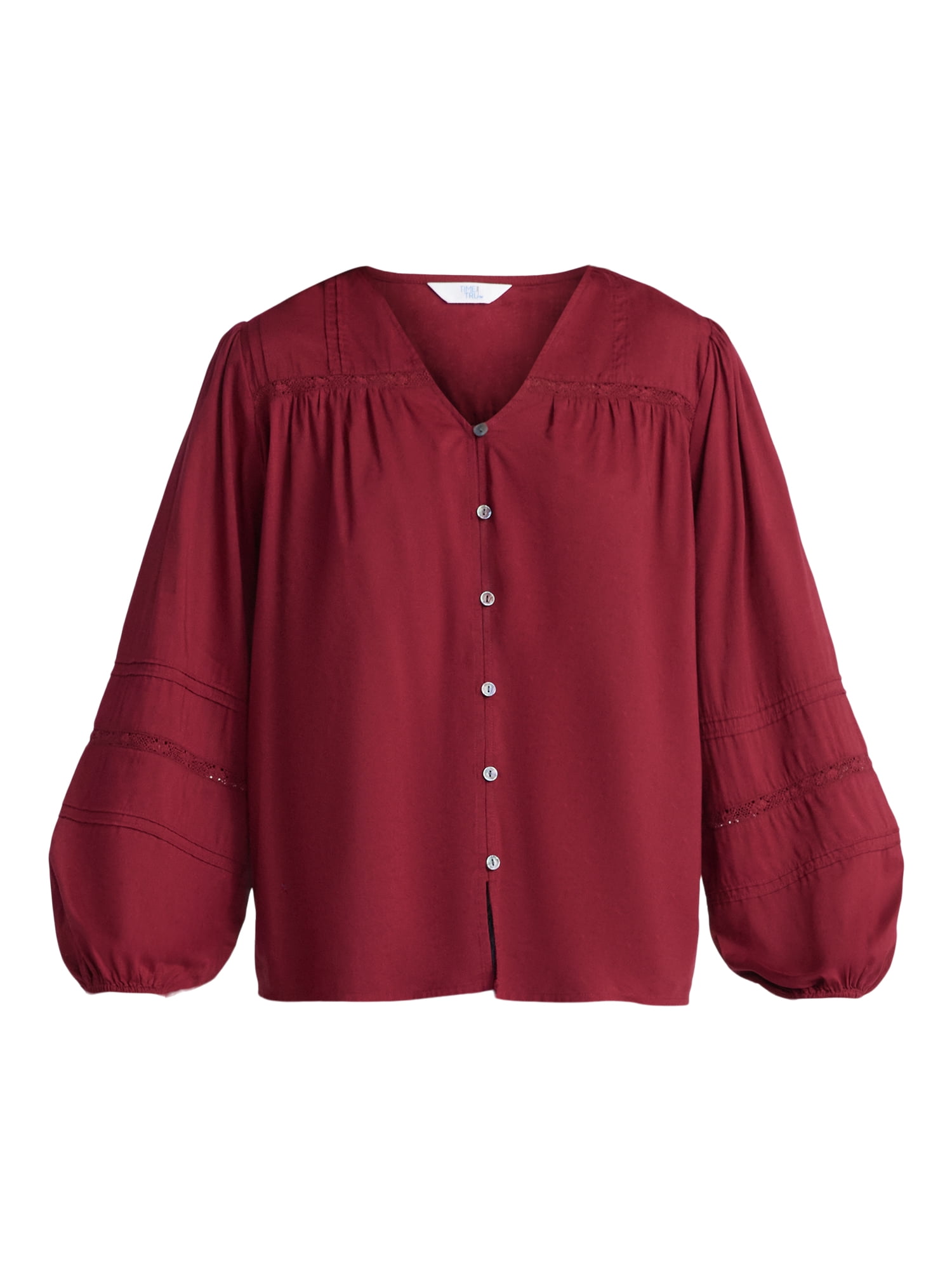 Time and Tru Women's Lace Inset Blouse with Long Sleeves, Sizes XS-XXXL
