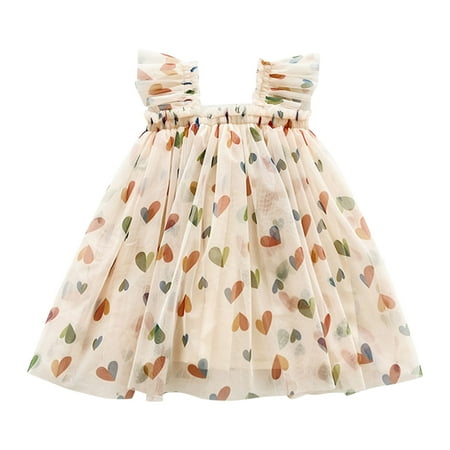 

ASEIDFNSA Long Sleeve Girls Dresses Baby Set Toddler Girls Fly Sleeve Heart Prints Tulle Dress Dance Party Princess Dresses Clothes