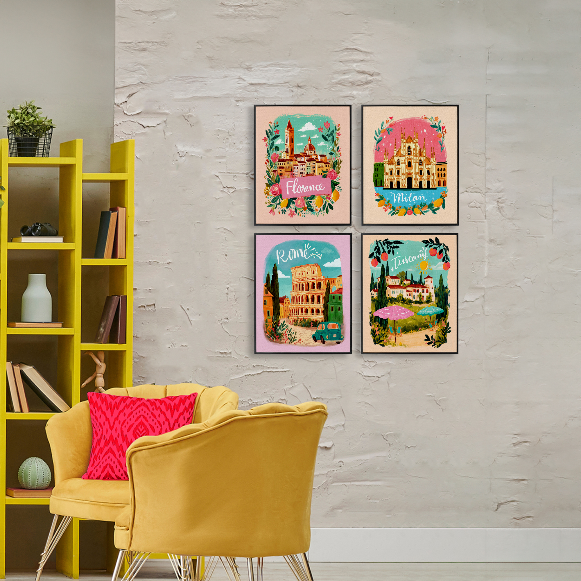 Italy Travel Locations with Florals 4 Piece Black Framed Giclee Art Set, design by Yen