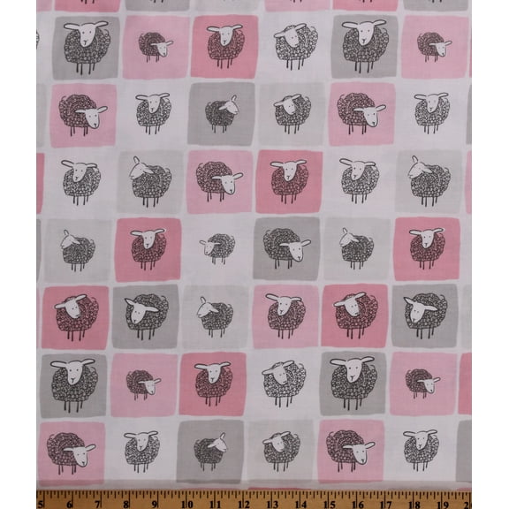 Cotton Sheep Wooley Sheep Farm Animals Country Pink Gray Cotton Fabric Print by the Yard (AUK-17631-10-PINK)