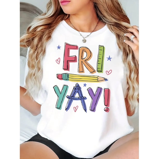 1pc Women'S Casual Crew Neck T-Shirt with Colorful "FRI YAY!" Pencil Print, Geometric Pattern, Cotton 100%, Medium Stretch, All-Season Comfort Fit