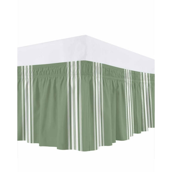 Sage Dark Bed Skirt Green White Striped Bed Skirts King Size 18 Inch Drop, Wrap Around Dust Ruffle Bedskirt with Adjustable Elastic Belt for Queen Size Beds