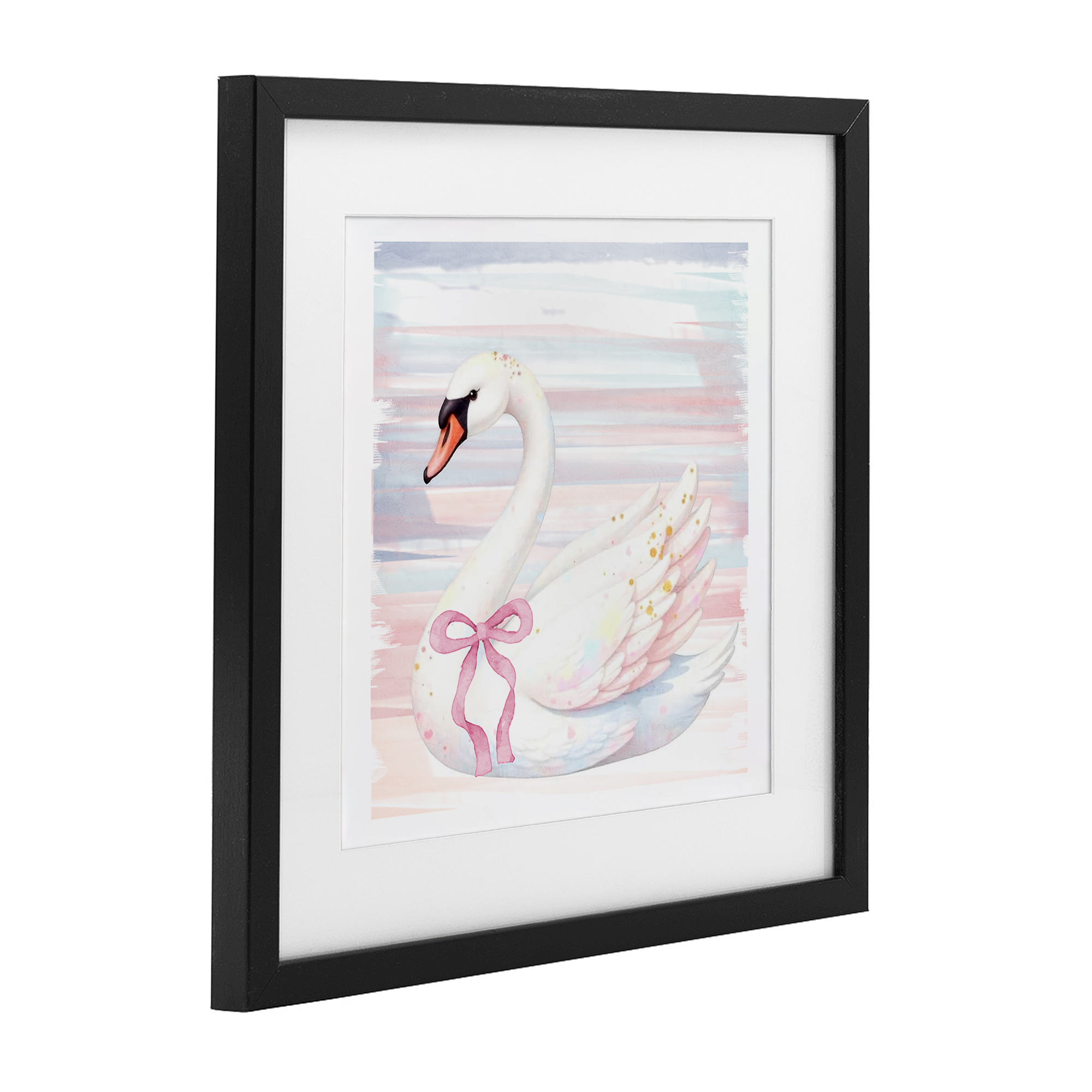 Pastel Swan with Ribbon Black Framed Print Under Glass, design by Kim Allen