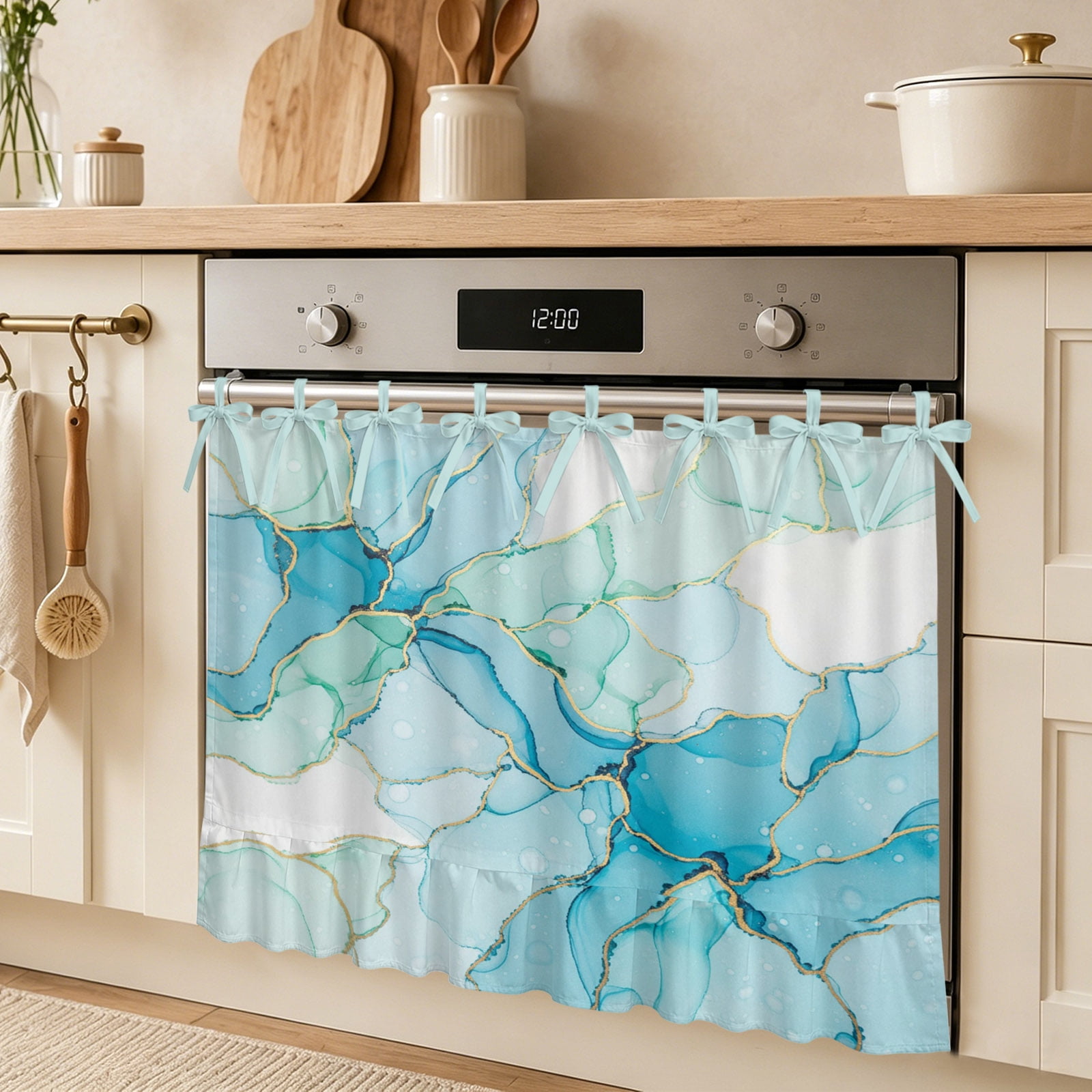 Teal Marble Oven Skirt Curtain Modern Abstract Art Watercolor Blue Green Teal Waves Tie Top Tier Curtains Stove Dishwasher Skirt Small Window Drapes for Kitchen Bathroom Cafe 30 x21.5