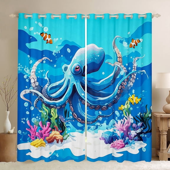 Erosebridal Blue Octopus Curtains for Living Room,Marine Animal 30%-50% Blackout Curtains Set of 2 (38x45),Curtains Pack of 2 (38x45),Ocean Theme Decor