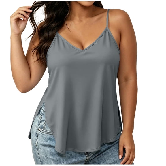 Kilaqueen Womens Camis Adjustable Spaghetti Straps Silk Satin Tank Tops V Neck Sleeveless Plus Size Camisole Shirts Side Split Summer Basic Tee