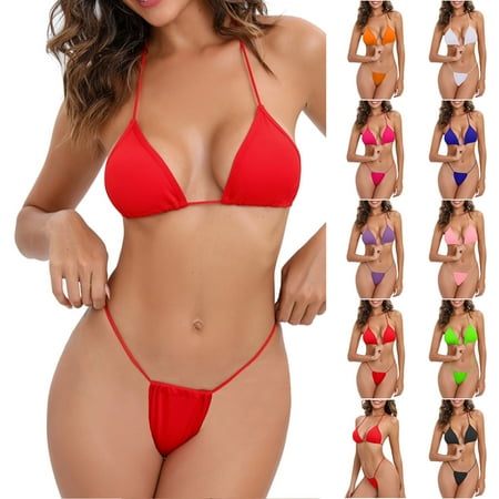 Jinhomg Thong Bikini Swimsuit for Women 2025 Trendy Halter String Triangle Bikinis Tops with Brazilian Bottom 2 Piece Casual Summer Vacation Bathing Suits Winter Saving Red L