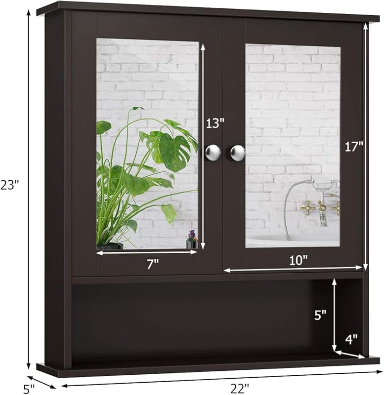 Bathroom Medicine Cabinet with Mirror, Wall Mounted Wooden Hanging Organizer with Doors and Shelves, Bathroom Wall Mirror Cabinet