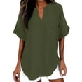 thumbnail image 3 of Nestiefly Womens Cotton Linen Tops Casual Half Sleeve Crew V Neck Blouse Shirt Loose Fit Breathable Summer Tee Army Green 2XL, 3 of 8
