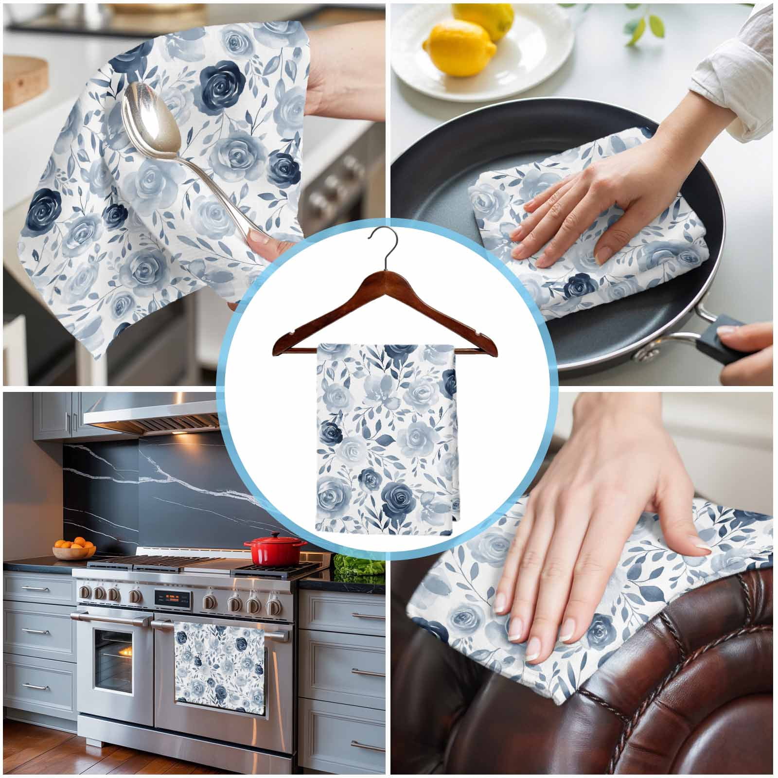 Blue Flowers Kitchen Towels Set of 2, Water Absorbent Dish Towel, Watercolor Rustic Retro Floral Leaf Vines Decorative Hand Towels - Quick Drying Cloth for Cooking Baking, 18x28 Inch