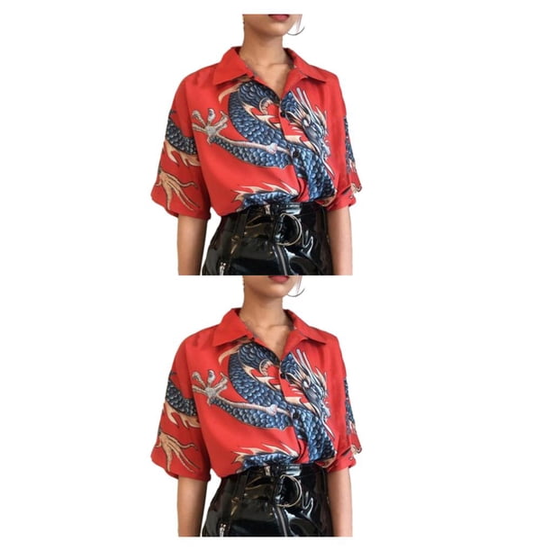 Camisa de playa Qarigey para hombres y mujeres Dragón simple Rojo L 2piezas