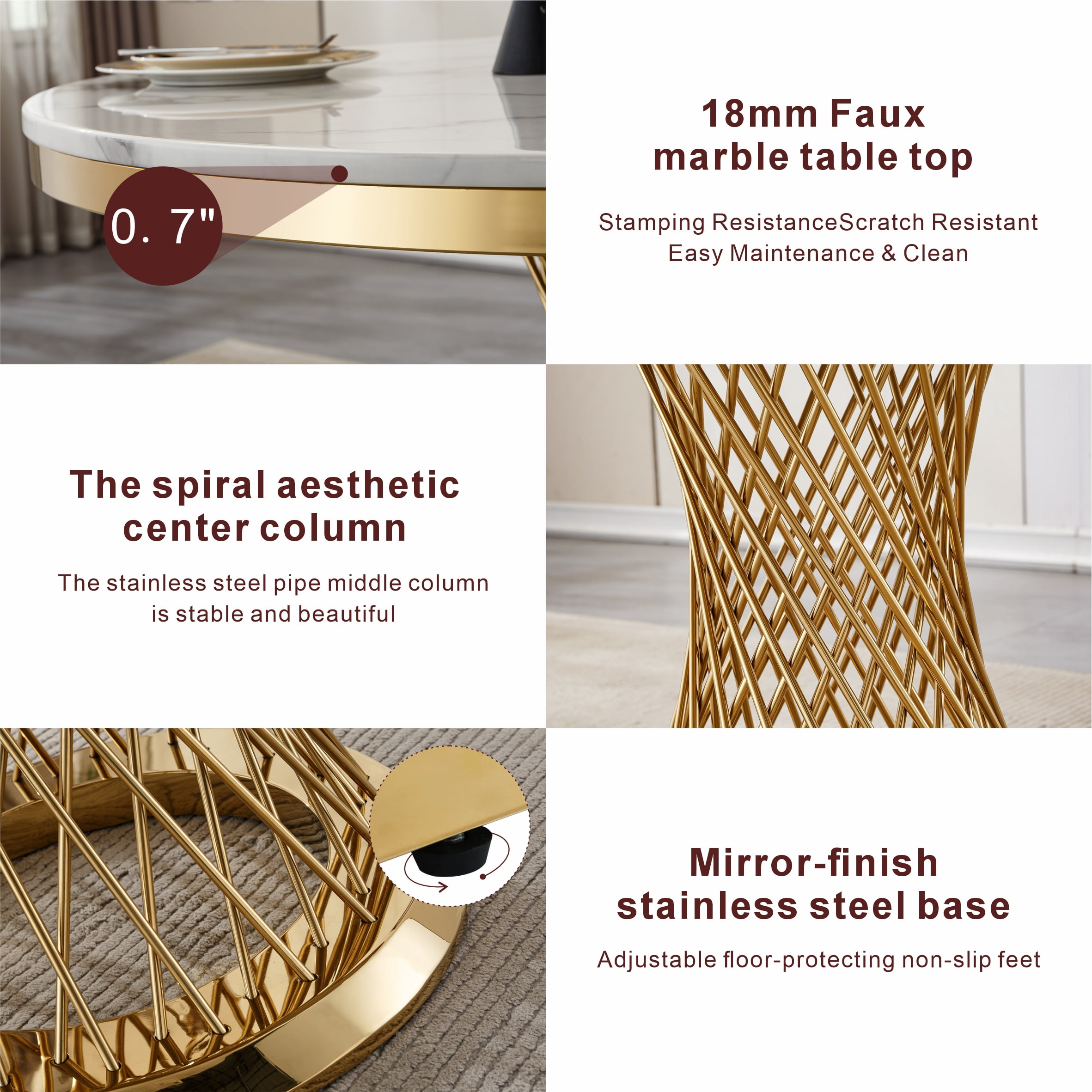 GAKMCIL 47" Round Marble Dining Table for 4-6 People, Modern Kitchen Table with High Glossy Faux Marble Top, Stainless Steel Base, 300lbs Load, Easy Assembly for Dining Room, Kitchen (Gold&White)