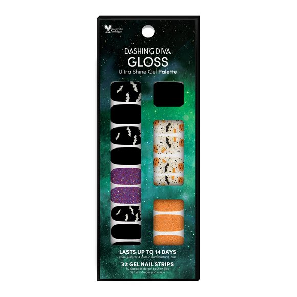 Tiras de uñas brillantes para Halloween Dashing Diva - Bat Magic | Pegatinas de gel para uñas de Halloween, sin rayos UV, de larga duración y adorables | Contiene 32 láminas, 1 almohadilla de preparac