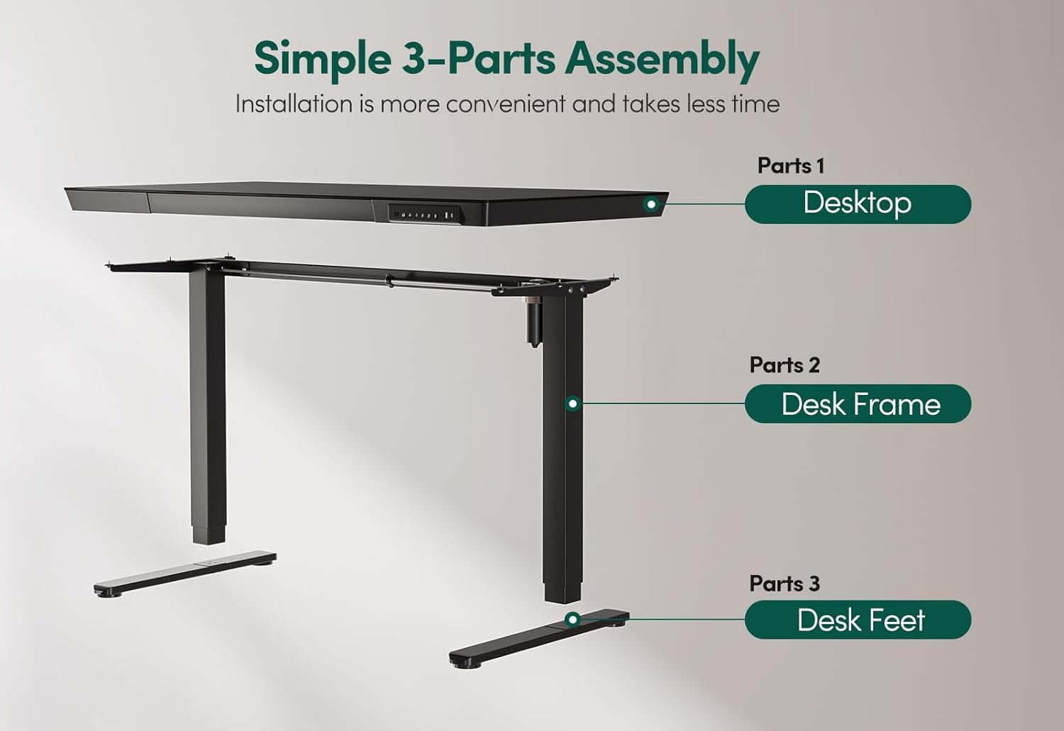 DESINO 55" Electric Standing Desk with Drawers, Whole-Piece Glass Adjustable Height Desk, One-Piece Adjustable Sit Stand Desk with USB Charge Ports, Black