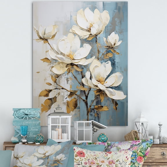 Designart "Beautiful White And Blue Magnolia Blooms III" Magnolias Canvas Wall Art