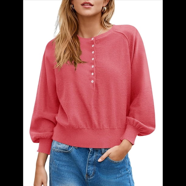 Suéter de Cuello Redondo con Botones para Mujer, Camisetas Henley de Larga de Otoño, Tops de Punto Holgados A Rojo S
