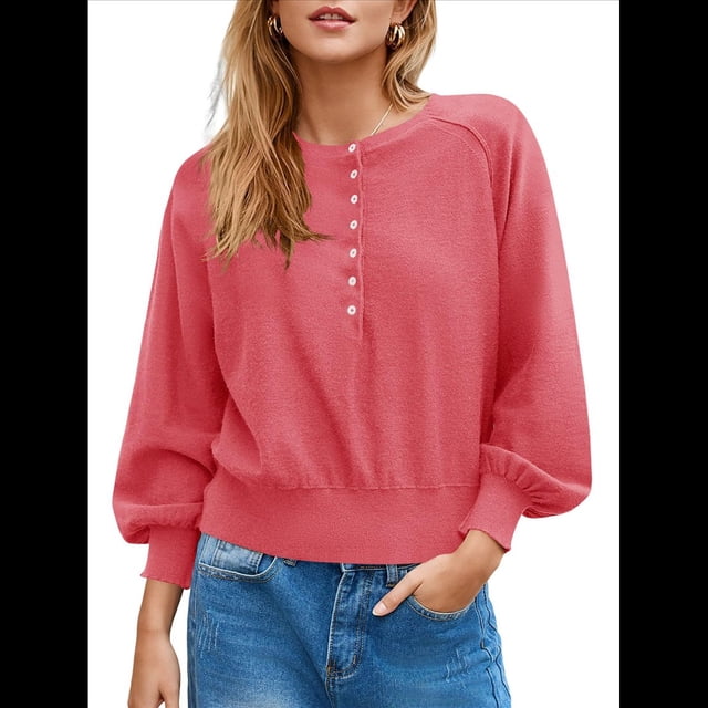 Suéter de Cuello Redondo con Botones para Mujer, Camisetas Henley de Larga de Otoño, Tops de Punto Holgados A Rojo XXL