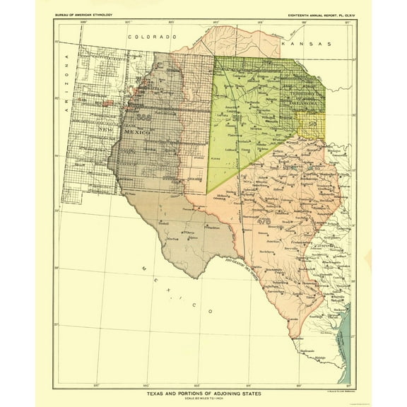 Historic State Map - Texas - Hoen 1896 - 23 x 27.81 - Vintage Wall Art