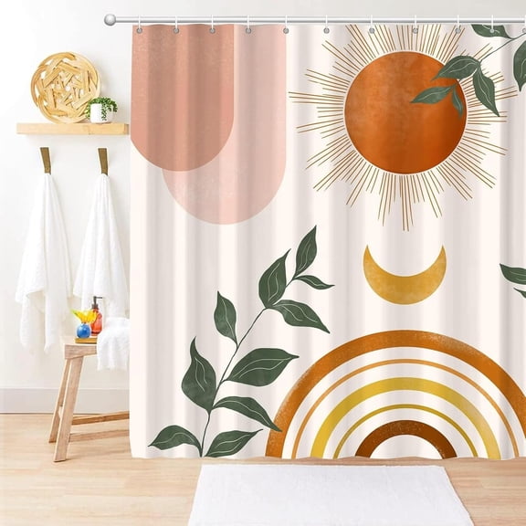 CyanCloud Shower Curtain Sun Moon Shower Curtain for Bathroom 180 * 180CM Machine Washable Waterproof Fabric Curtain for Home Bathroom Hotel Decor, Floral Shower Curtain with Hooks