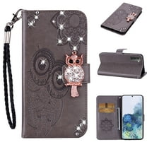 Wallet Case for Samsung Galaxy S23 Plus, Embossed Owl Bling Diamond Premium PU Leather [Folio Flip][Kickstand][Card Slots][Wrist Strap][Kickstand]Phone Cover for Samsung Galaxy S23 Plus, Gray