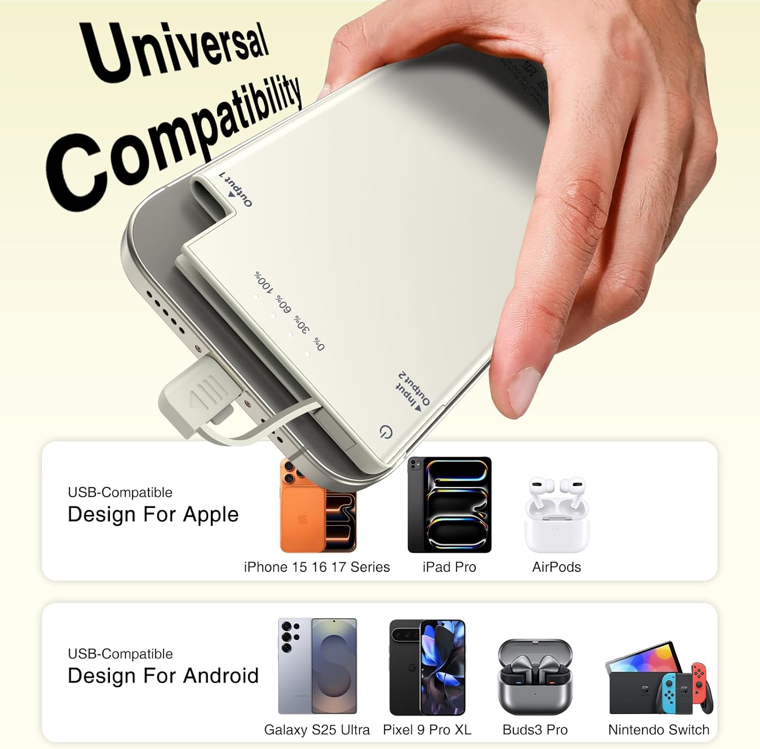 RGHJAR-Thin Portable Charger with Built in USB-C Cable-5000mAh Slim Power Bank Compatible with Samsung, Google Pixel/Android Phones/ iPhone17 16 15 Series etc-Thin Battery Pack for Outdoor Travel