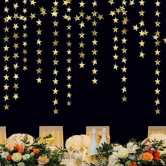 52ft Gold Star Garland HADEEONG 4Pcs Star Streamers Hanging Star Decorations Reflective Glitter Paper Star Banner Party Garland for Gold Birthday Christmas Party Decorations