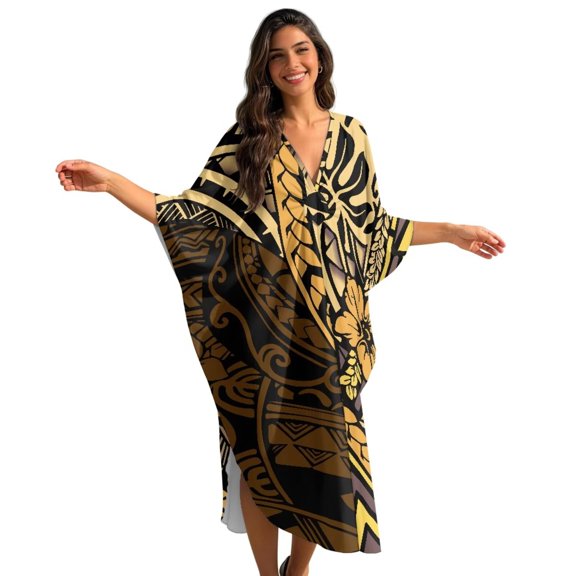 SEANATIVE Caftans for Women Beach Cover Up Swimsuit Coverups Swimwear Kaftan Dresses Long Caftans Plus Size Batwing Sleeve Swimsuit Coverup V Neck Summer Dress, Polynesia Floral Yellow Black