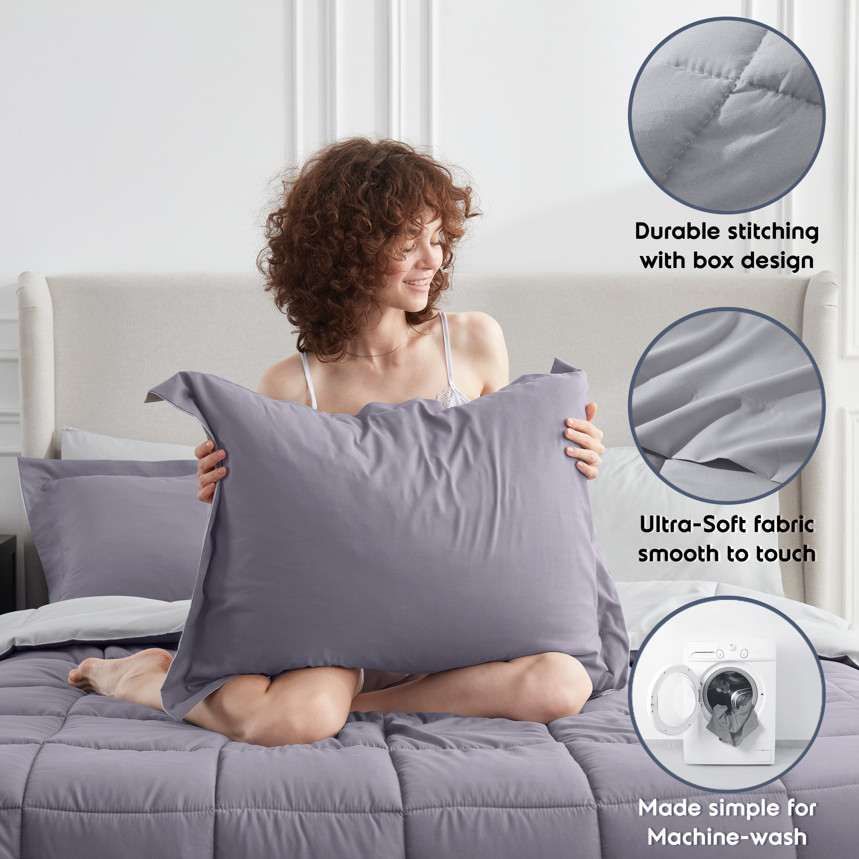 LammaLoe Twin Comforter Set, With Sheets, Reversible Bed In A Bag 5 Piece, Bedding Set, Grayish Purple