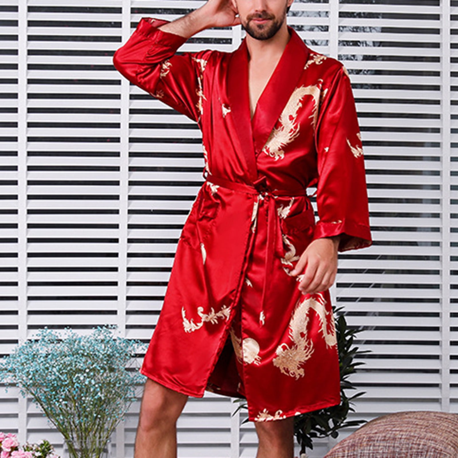 jovati Mens Pajama Shorts Set Men Casual Long Sleeves Lace Up Print Home Pocket Long Pajama Robe Mens Pajama Sets Long Sleeve Mens Pajamas Shorts Set Mens Pajamas Set Shorts Walmart