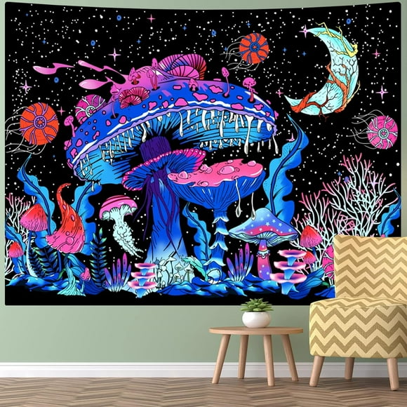 Mushroom Tapestry Wall Hanging Moon Stars Wall Tapestry Starry Night Tapestry Room Decor Blacklight Tapestry for Bedroom (130x150cm)