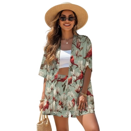 Xoenoiee Cardinal Flower Print Women's Hawaiian Beach Outfit 2 Piece Short Sleeve Swim Cover Up Shorts Set Summer Open Front Kimono Cardigan Vacation Beachwear, S