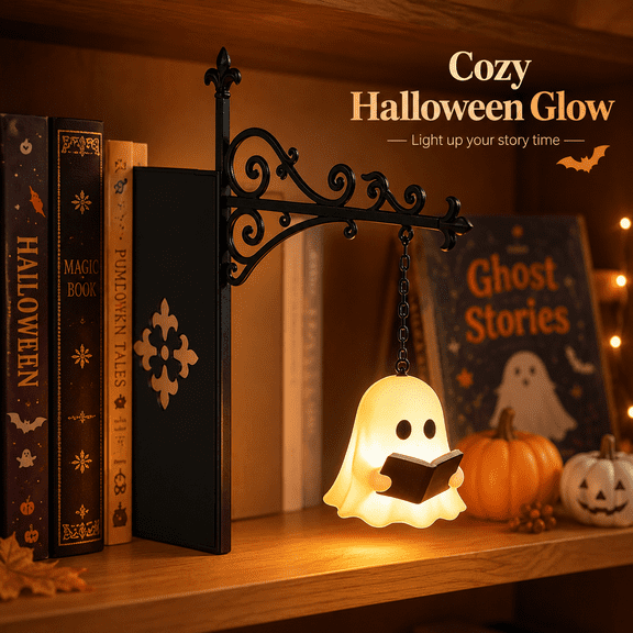 Ghost Library Lantern, Decorative Bookshelf Lighting, Vintage Cute Ghost Reading Light, Warm LED Nightlight, Miniature Hanging Bookshelf Lamp, Portable Shelf Decor for Halloween Decorations
