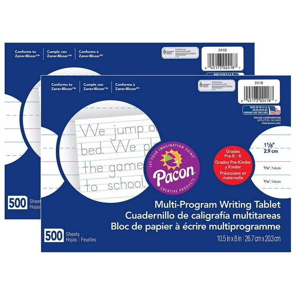 Pacon Multi-Program Handwriting Paper 1-1/8" Ruled 10.5" x 8" White 500 Sheets Per Pack 2 Packs