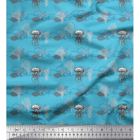 Soimoi Cotton Duck Fabric Fish,Coral & Jellyfish Ocean Fabric Prints by Yard 42 Inch Wide