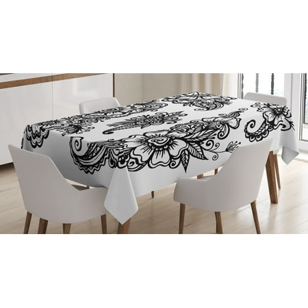 Henna Tablecloth, Hand Drawn Style Vintage Mehndi Compositions Blossoming Flowers Retro Fun Design, Rectangular Table Cover for Dining Room Kitchen, 60 X 84 Inches, Black White, by