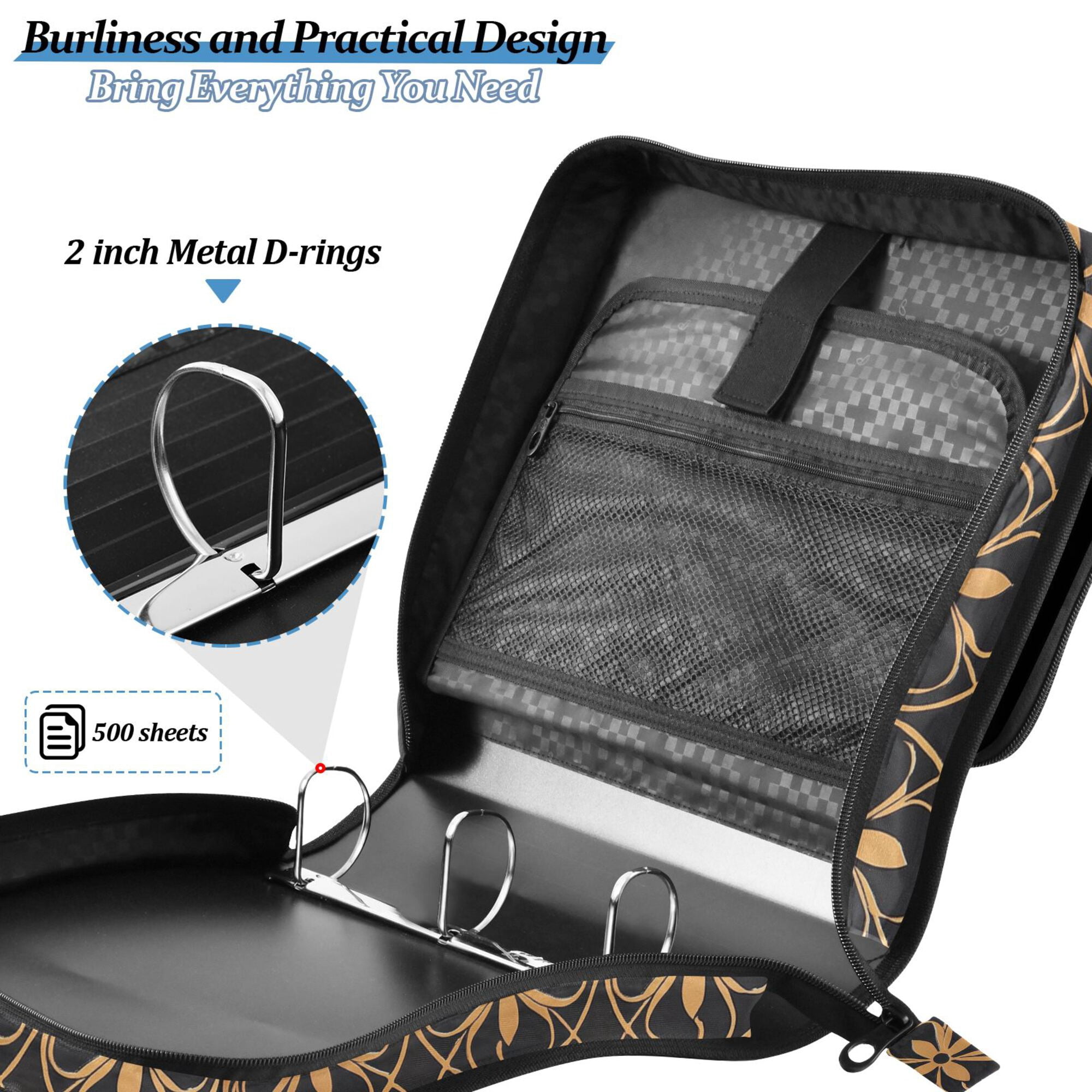 FORMRS Zipper Binder with Shoulder Strap 2-inch Ring 500 Sheet Capacity File Bag, Classic Floral