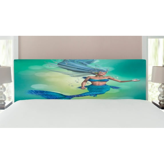 Underwater Headboard, Mermaid Upper Body of a Woman and the Tail of Fish for Swimming Marine Life, Upholstered Decorative Metal Bed Headboard with Memory Foam, King Size, Teal Pale Blue, by Ambesonne