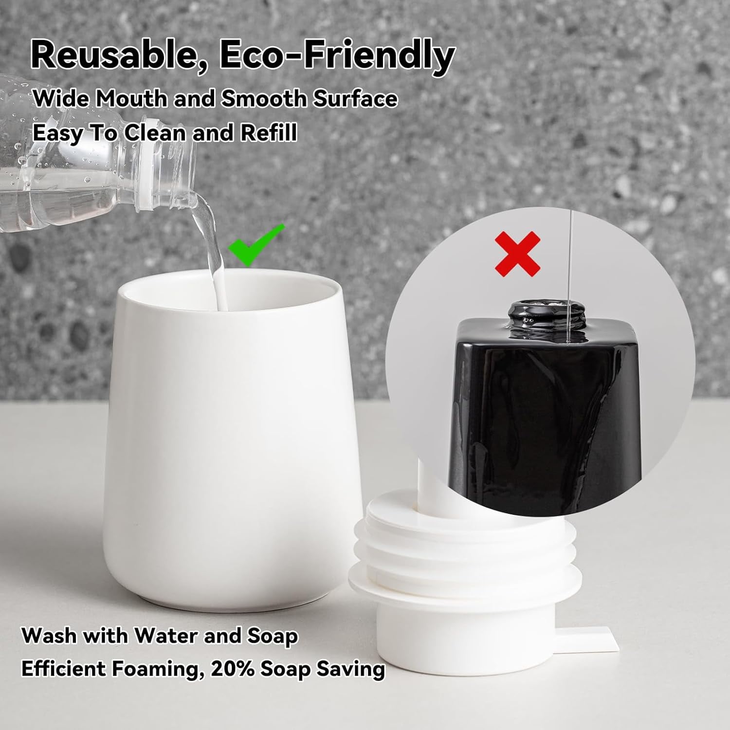 ABCISI Ceramic Foaming Soap Dispenser, 12 Oz Foam Hand Soap Dispenser for Bathroom, Face Wash Dispenser Bottle with Foaming Pump, Refillable Lotion Dish Soap Foam Dispenser for Kitchen, Matte White