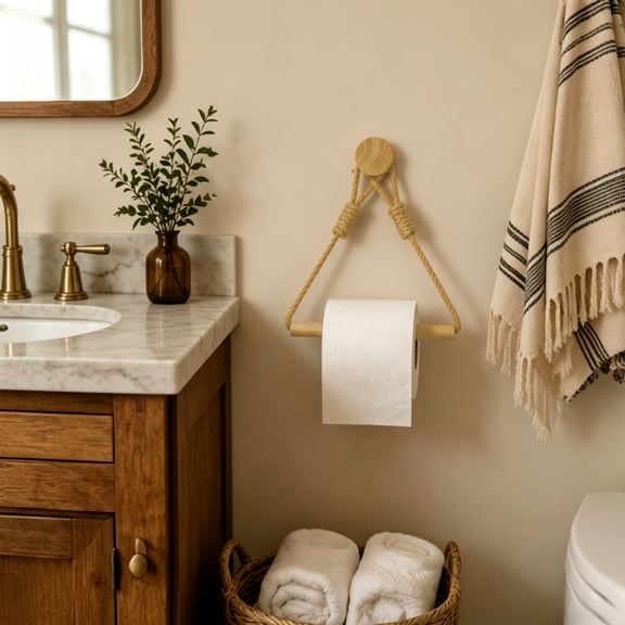 Bamboo Jute Rope Towel Rack No Drill Wall Mounted Organizer, Rustic Kitchen Bathroom Paper Holder, Farmhouse Decor Hand Towel Hanger for Wall, Towel Rack
