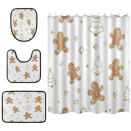 Gingerbread Men and Christmas Bathroom Accessory Curtain Sets Bath Curtain Anti-Slip Mats and Toilet Pad 66x72in
