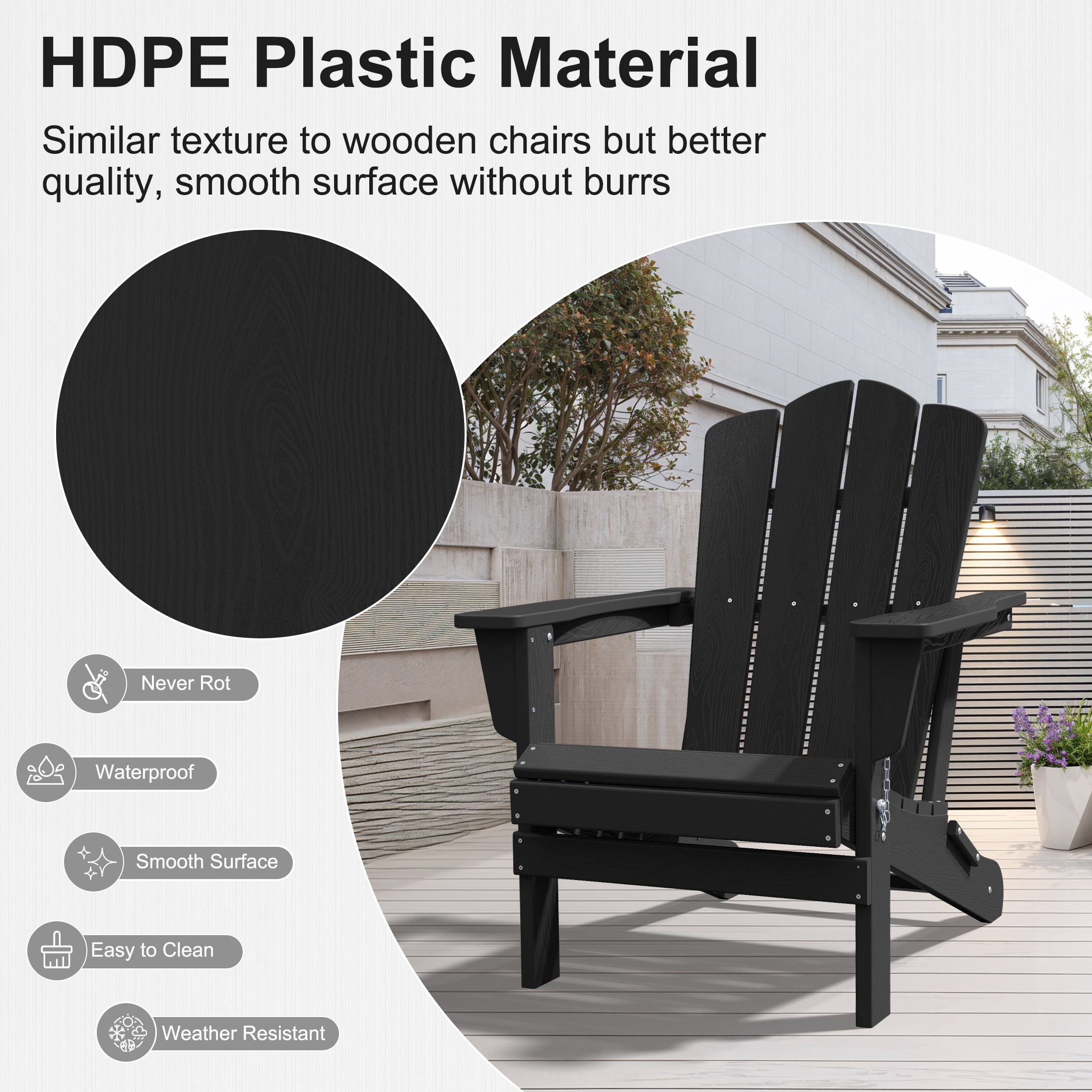 JUSTLET Adirondack Chair, 4PC Plastic Folding Outdoor Patio Chairs, Outside HDPE Chairs for Lawn, Yard, Black