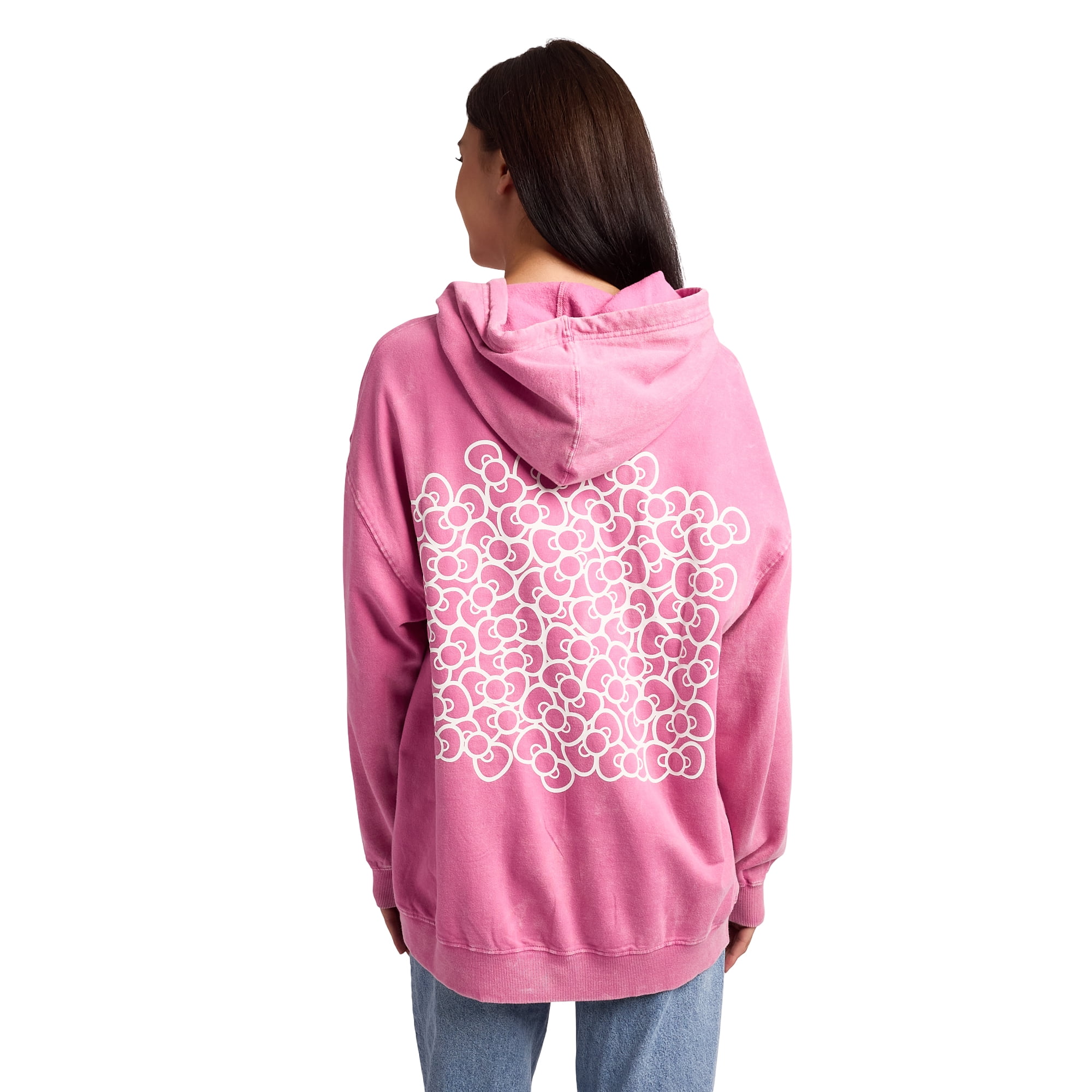 Hello Kitty & Bows Line Art Women's Pink Mineral Wash Long Sleeve Fleece Hooded Sweatshirt-Small
