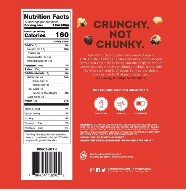 ONE Brands Crunch Peanut Butter Chocolate Chip Protein Bar, 1.41 oz (1 Bar)