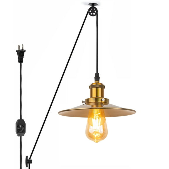 Kiven 1-Light Plug in Pendant Light,Industrial Pulley Hanging Light with 15FT Cord, Dimmable Ceiling Pendant Light Brass Finish