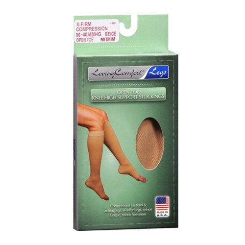 Loving Comfort Support Knee High Stockings XFirm Open Toe Beige Medium