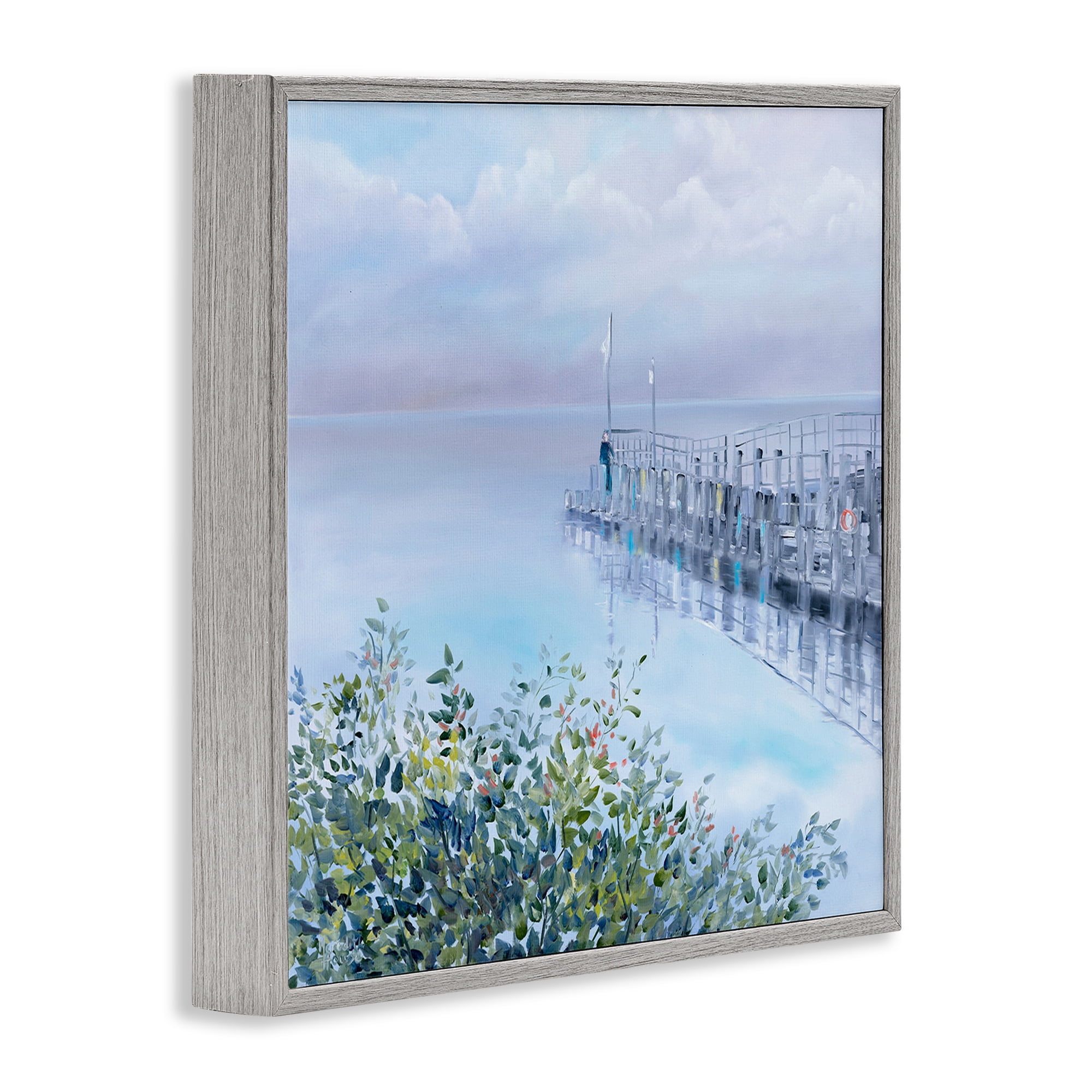 Stupell Industries Foggy Harbor Dock Landscape Painting Gray Framed Art Print Wall Art, 12 x 12