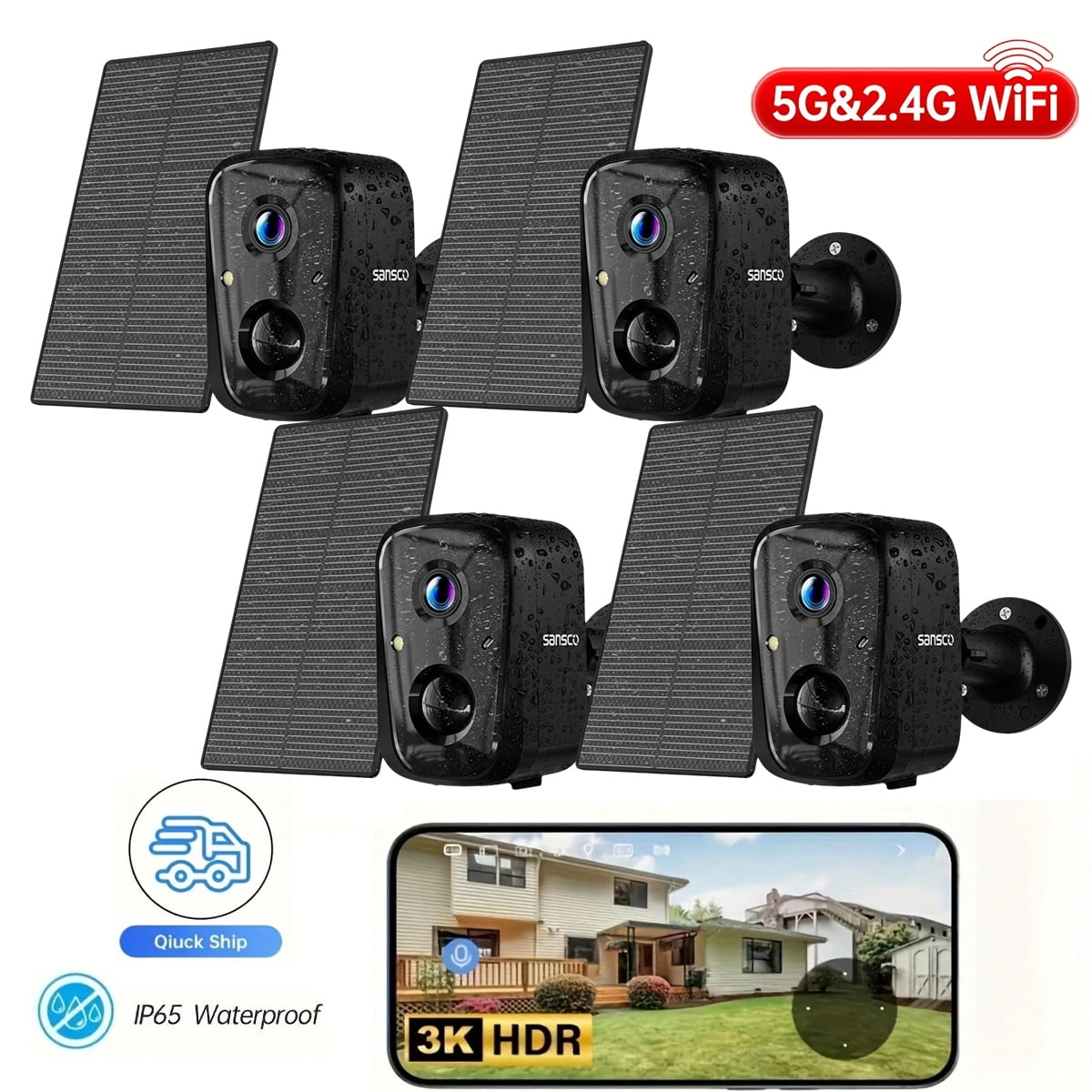 Solar Security Cameras Wireless Outdoor, Battery Powered 4MP 2.4Ghz&5Ghz WiFi Cameras for Home Surveillance, PIR/AI Motion Detection, IP66 Waterproof, Color Night Vision, 2-Way Audio, Cloud/SD Storag