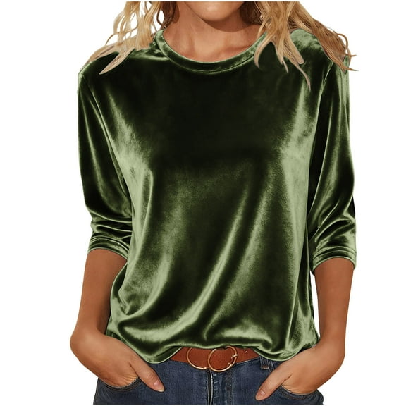 ZUKMRJPC Velvet Tops for Women Crewneck Long Sleeve Solid Color Vintage Tees Casual Soft Fashion Fall Pullover Tops