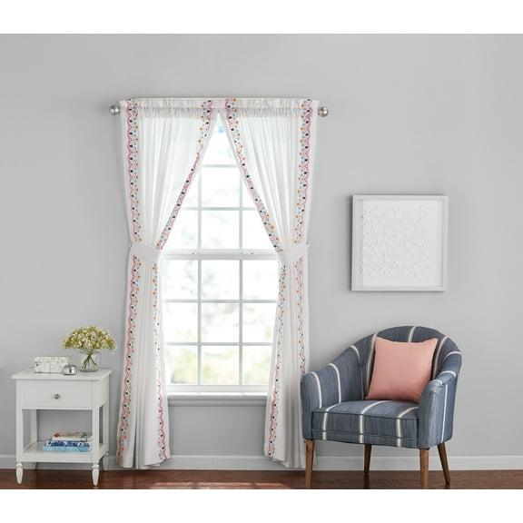 The Pioneer Woman Embroidered Velvet Light Filtering Window Curtain Panel Pair with Tie Backs, Set of 2, Arctic White, 40" W x 84" L