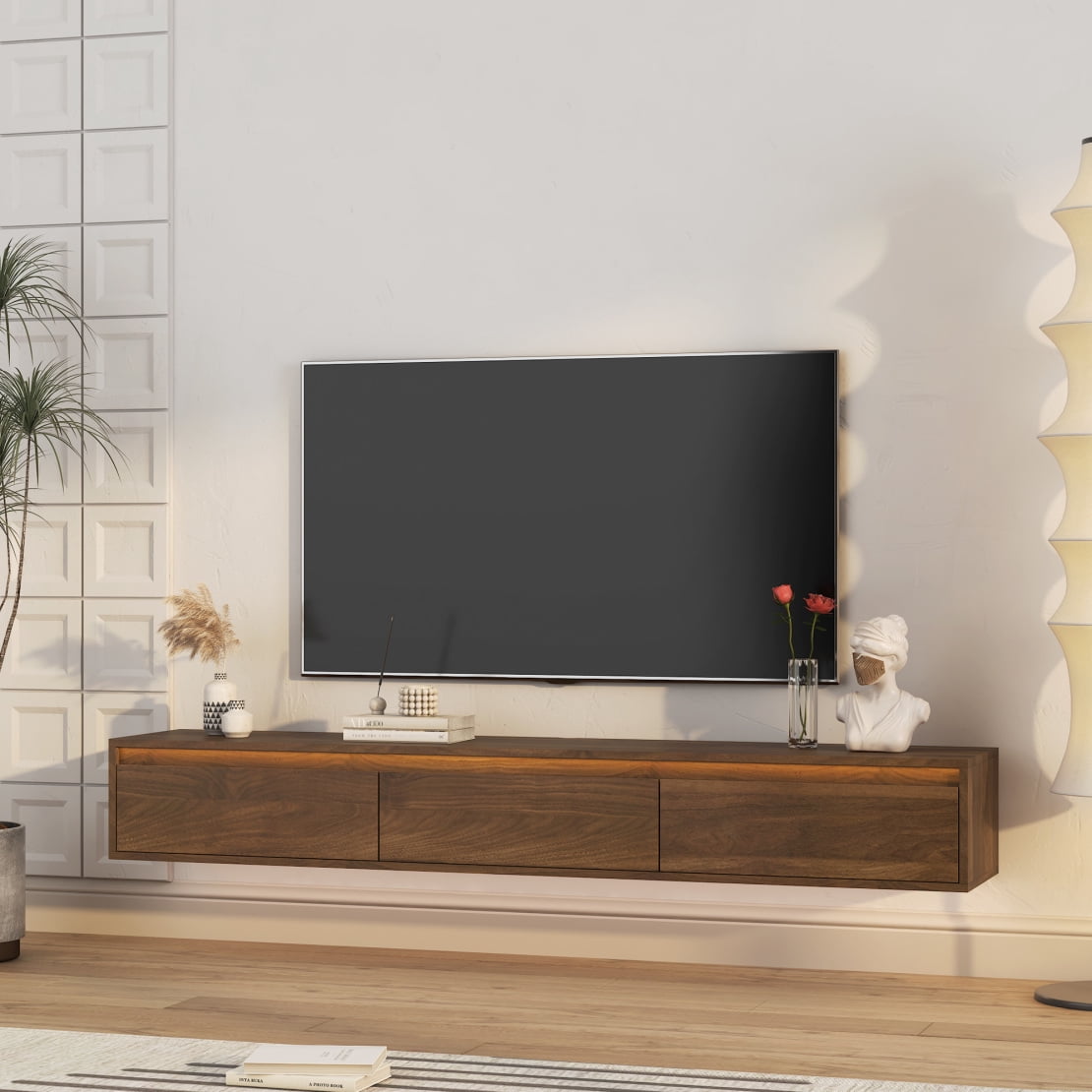 65" Floating TV Stand Wall Mounted Entertainment Center with LED Lights, Storage, and Power Outlet for 55-65 Inch TVs in Wood Finish